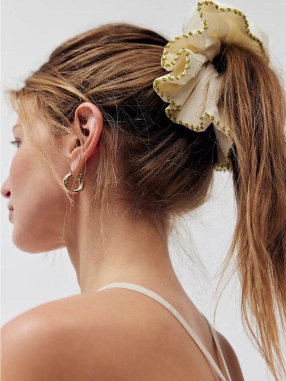 FREE PEOPLE Calypso Beaded Trim Scrunchie Cream Green NWT